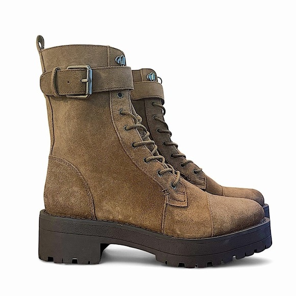 SAM EDELMAN Junip Combat Boot Women’s 5.5 Buckle Strap Lace Up Tan Suede Chunky - Picture 1 of 8